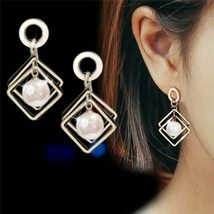 Korean Geometric Square Metal Frames Red Bead Earrings For Lovely Girls Fashion  - £7.83 GBP