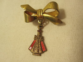 Religious Church Gold Ribbon w/ Dangling Bishop ? Figure Pin - £5.50 GBP