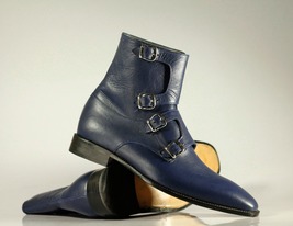 Handmade Men&#39;s Blue Quad Buckle Leather Ankle Fashion Boots, Men Designer Boots - £127.88 GBP+