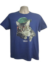 Hip Hop Streetwear Cat Blue Graphic Tee Small Animal Print Stretch &#39;Sup Novelty - £15.77 GBP