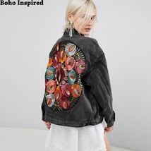 Boho Inspired multi  Embroidered Denim Jacket long sleeve casual chic jacket coa - £121.47 GBP