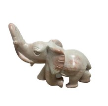 Elephant Figurine Hand Carved Pink Marble Trunk Up Vintage Decor Figurine - $14.28