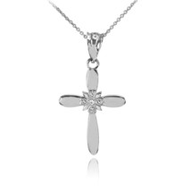 Solid 14k White Gold Dainty Accent Solitaire Diamond Cross Pendant Necklace - £103.28 GBP+