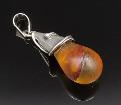 925 Sterling Silver - Vintage Cone Wrapped Baltic Amber Drop Pendant - PT21517 - £53.56 GBP