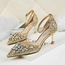 Gold Stiletto High Heels 9.5cm/6.5cm Sparkly  Wedding Bride Shoes Woman Pumps Po - £46.22 GBP