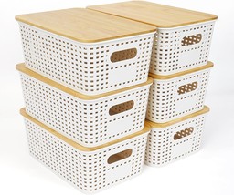 6 Pcs Storage Bins With Bamboo Lids Plastic Baskets Plastic Storage Containers - $46.92