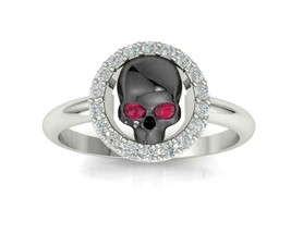 Antique Black Skull Ring Gothic Engagement Ring in Two-Tone Silver Wedding Band - £77.53 GBP
