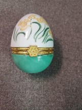 Porcelain Egg Trinket Box Hinged Yellow Flowers Gold Trim - £7.38 GBP