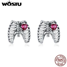 WOSTU Hot Sale 925 Silver Ribs Bone Stud Earrings Heart-shaped Zircon Earrings F - £16.99 GBP
