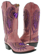 Womens Western Wear Boots Pink Leather Fuchsia Sequins Heart Wings Size 5.5 - £65.23 GBP
