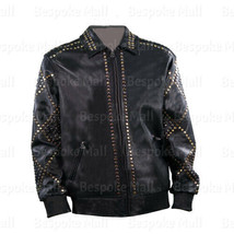 New Men&#39;s Black Silver Golden Studded Designed Rock Cowhide Leather Jacket-852 - £260.74 GBP