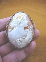 C-1354) Regal Lady w/ flower shell carved oval CAMEO 12k gp silver pin p... - £716.40 GBP