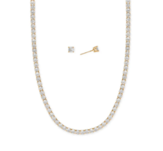4-5mm Round Cut CZ Gold Tone Tennis Necklace &amp; Solitaire Stud Bridal Jewelry Set - £44.69 GBP