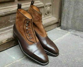 Handmade Men Brown Button Boots Two Tone Suede &amp; Leather Ankle High Cap Toe Shoe - $138.59