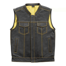 Men&#39;s Black Leather Vest With Yellow Inner Motorbike Concealed Waistcoat - £54.93 GBP+