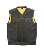 Men&#39;s Black Leather Vest With Yellow Inner Motorbike Concealed Waistcoat - £55.08 GBP+