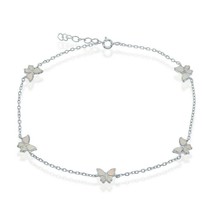 Sterling Silver White Inlay Opal Butterfly Charms Anklet 9&#39;&#39;+1&#39;&#39; - £37.37 GBP