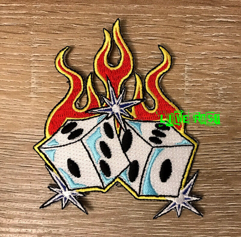 DICE & FLAMES PATCH gambler tattoo art vintage biker rocker vest patches