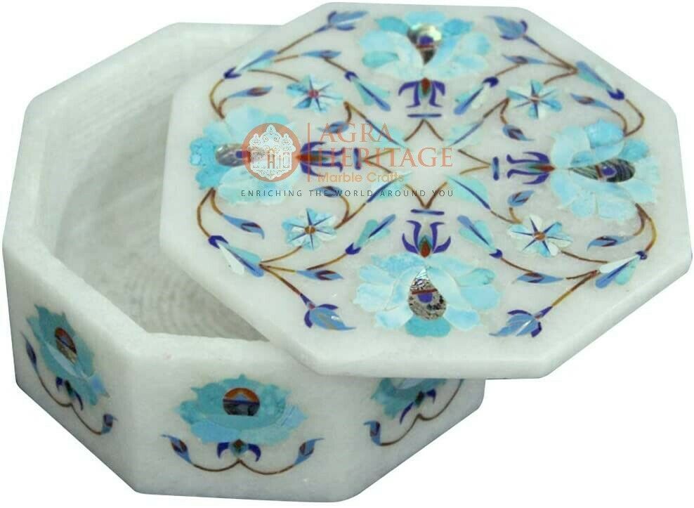 4"x4"x2" Personalize Box Turquoise Inlaid Marquetry Floral Art Christmas Gift Item image 3