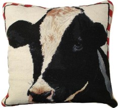 Throw Pillow Needlepoint Holstein Cow 20x20 White Black Red Off-White Wool Down - £249.40 GBP