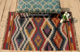 Geometric Colorful Kilim 4x6 ft. Reversible Wool Rug Flat Weave Handmade Carpet  - £103.91 GBP