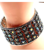 Vintage Dazzling Silver Color &amp; Rhinestone Comfortable 1 &quot; wide STRETCH ... - £13.71 GBP