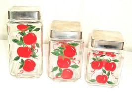 Vintage Canister Set Glass Square Small Jar Red Apple retro Fruit kitsch - $39.55