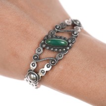 6&quot; 30&#39;s-40&#39;s Fred Harvey/Navajo Curio Silver cuff bracelet with green tu... - £134.59 GBP