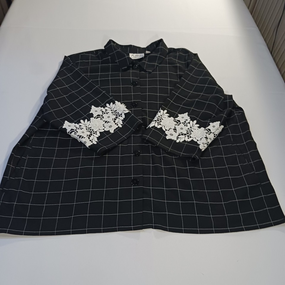 Linea Louis Dell'Olio Women's 26W Black Check Embroidery 3/4 Sleeve Blouse Shirt Item image 11