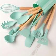 12Pcs/set, Silicone Cooking Utensils Set With Wooden Handle (Mint Green) - £27.99 GBP