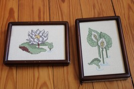 Set of 2 Handmade Botanical Floral Calla Lily Pad Framed Cross Stitch 4x5.5 - $19.95
