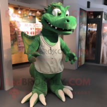 Green Dragon mascot costume character dressed with a Henley Shirt and Shoe laces - $1,299.00