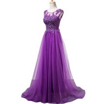 Kivary Tulle A Line Cap Sleeves Sheer Lace Appliques Corset Long Prom Evening Dr - $148.49