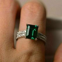 2.00Ct Emerald Cut Green Emerald &amp; Diamond Bridal Ring Set 14K White Gold Finish - £95.35 GBP