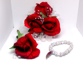 WRIST CORSAGE &amp; BOUTONNIERE artificial flowers custom order prom wedding... - £39.51 GBP