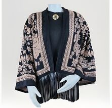 Chicos Tribal Sweater Coat Womens S/M Brown Black Faux Leather Fringe Ru... - $35.50