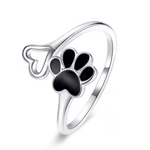 925 Sterling Silver Paw Dog Footprint Heart Rings Black Enamel Adjustable Ring F - £17.55 GBP