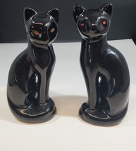 Pair of Vintage 8.5” Ceramic Black Cat Cats With Green Eyes MCM Mid Century - £27.23 GBP