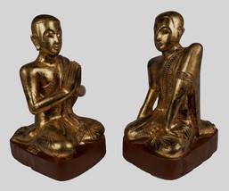 Antique Burmese Style Wood Kneeling Buddha Disciples Statue (Pair) - 50cm/20&quot; - $1,808.49