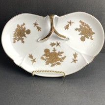 Nappy Plate Candy Trinket Dish Arnart Japan White Gold Trim Roses Bean Shape - £7.97 GBP