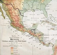 1916 Map Mexico Physical Political Central America West Indies Cuba DWSS15 - $19.99