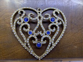 Vintage HUGE Statement Heart Pendant Clear Blue Rhinestone Bling Bling P... - $24.74