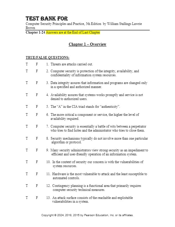 Test Bank for Computer Security Fundamentals, 5th Edition by William Chu... - $17.99