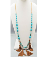 Chico&#39;s Faux Turquoise Beads Gold Fabric Tassels Leather Cords Long 38&quot; ... - $19.22 CAD