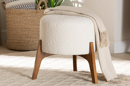 Casanova Japandi Cream Boucle Fabric and Walnut Brown Ottoman Footstool - $2,177.43 MXN
