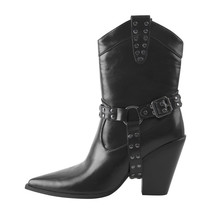 Women Pointed Toe Ankle High Boots Metal Decoration Zipper Belt Buckle Black Chu - £103.02 GBP