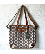Myra Bag Perfect Match Upcycled Brown Ivory Canvas Cowhide Tote Crossbod... - $1,084.30 MXN