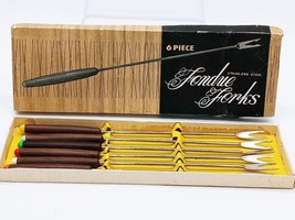 Vintage 1960&#39;s 6pc Fondue Forks Set Stainless Steel With Wooden Handles - £11.82 GBP
