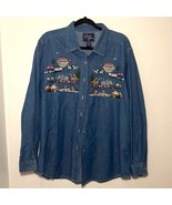 Vintage Noahs Ark Embroidered Denim Long Sleeve XL Button Down Shirt Qui... - $21.42