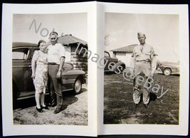 1945 Man, Wife, US Army Soldier 41 Pontiac Coupe 2 B&amp;W Photo Snapshot - £2.72 GBP